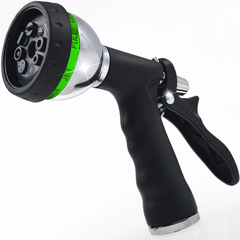 Best Boquilla de manguera de jardín (tecnología de alta presión), patrón de rociado de 8 vías, pulverizador, bruma, ducha, plano, completo, central de cono y con pulverizador de agua de ángel, diseño de gatillo trasero, diseño de acero cromado