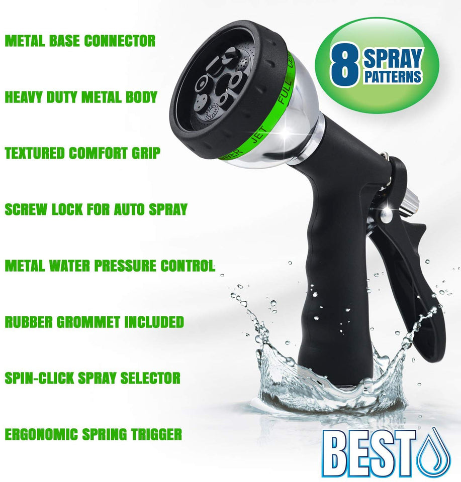 Best Boquilla de manguera de jardín (tecnología de alta presión), patrón de rociado de 8 vías, pulverizador, bruma, ducha, plano, completo, central de cono y con pulverizador de agua de ángel, diseño de gatillo trasero, diseño de acero cromado