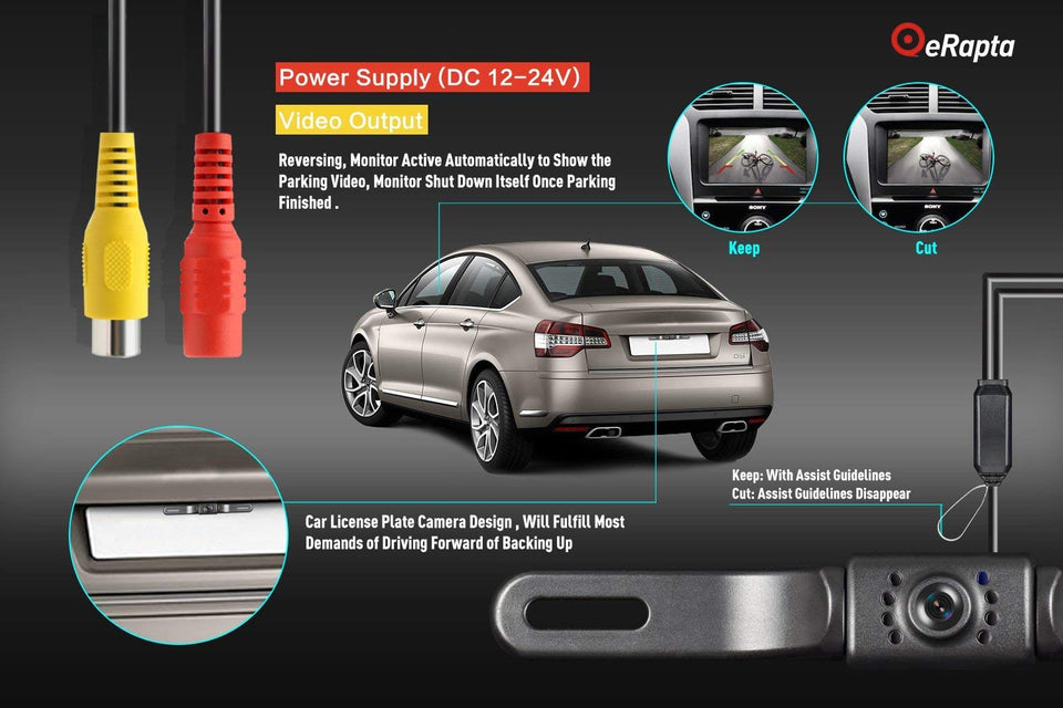 eRapta ERT01 - Cámara de visión trasera para coche con ángulo de visión perfecto de 149°, 8 luces LED, visión nocturna, 9 niveles, impermeable, universal, cámara de marcha atrás, placa de licencia