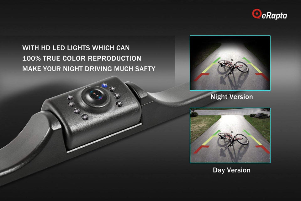 eRapta ERT01 - Cámara de visión trasera para coche con ángulo de visión perfecto de 149°, 8 luces LED, visión nocturna, 9 niveles, impermeable, universal, cámara de marcha atrás, placa de licencia