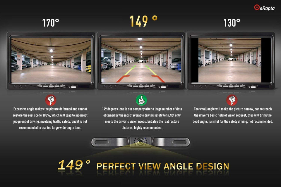 eRapta ERT01 - Cámara de visión trasera para coche con ángulo de visión perfecto de 149°, 8 luces LED, visión nocturna, 9 niveles, impermeable, universal, cámara de marcha atrás, placa de licencia