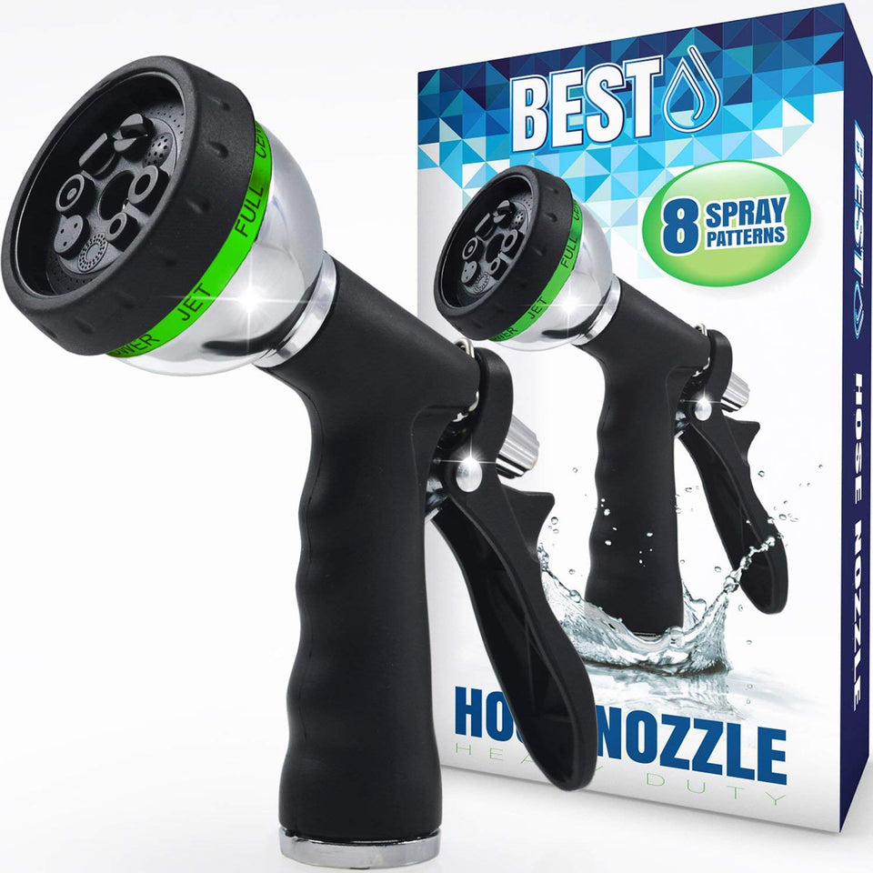 Best Boquilla de manguera de jardín (tecnología de alta presión), patrón de rociado de 8 vías, pulverizador, bruma, ducha, plano, completo, central de cono y con pulverizador de agua de ángel, diseño de gatillo trasero, diseño de acero cromado